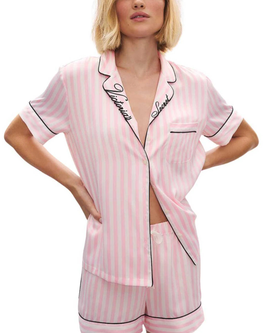 Pijama Victoria’s Secret Listrado Rosa com Shorts